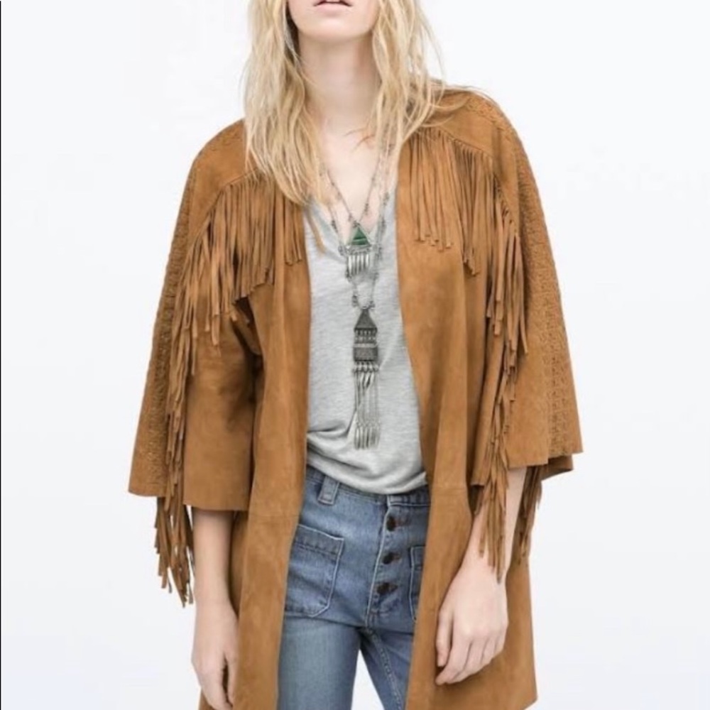 Zara fringed faux suede jacket Blk.